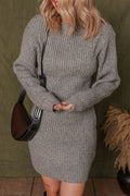Chic Women's Gray Ribbed Knit Long Sleeve Sweater Dress - Slim Fit Casual Style for Fall and Winter Wardrobe