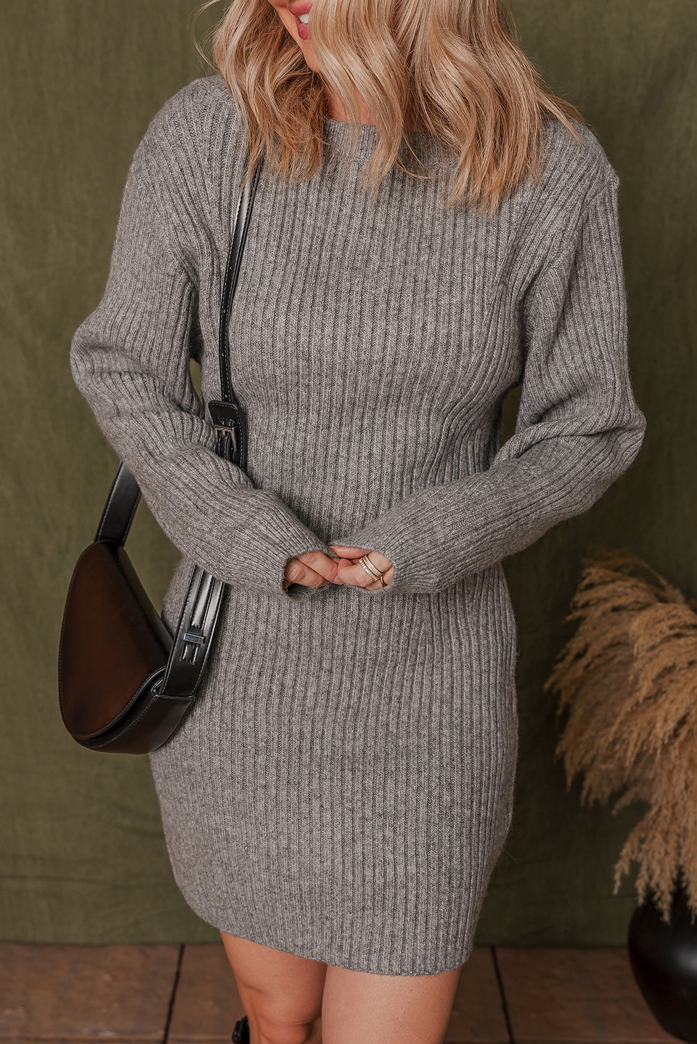 Chic Women's Gray Ribbed Knit Long Sleeve Sweater Dress - Slim Fit Casual Style for Fall and Winter Wardrobe