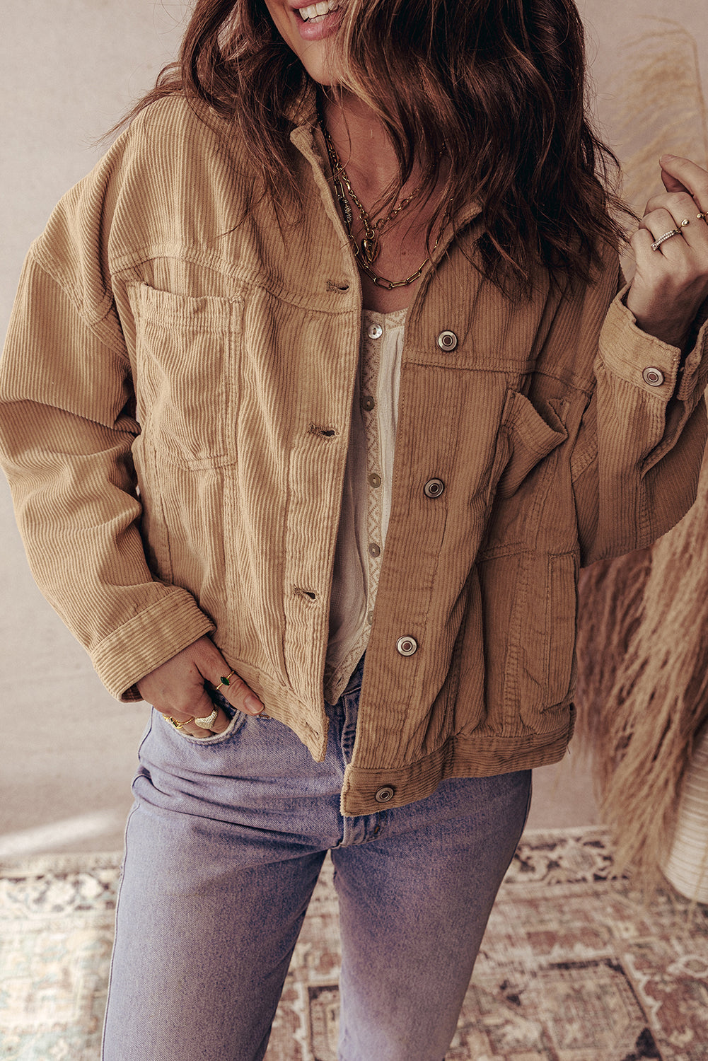 Plus Size Women's Cozy Camel Corduroy Jacket with Double Pockets - Stylish Fall Outerwear for Effortless Layering