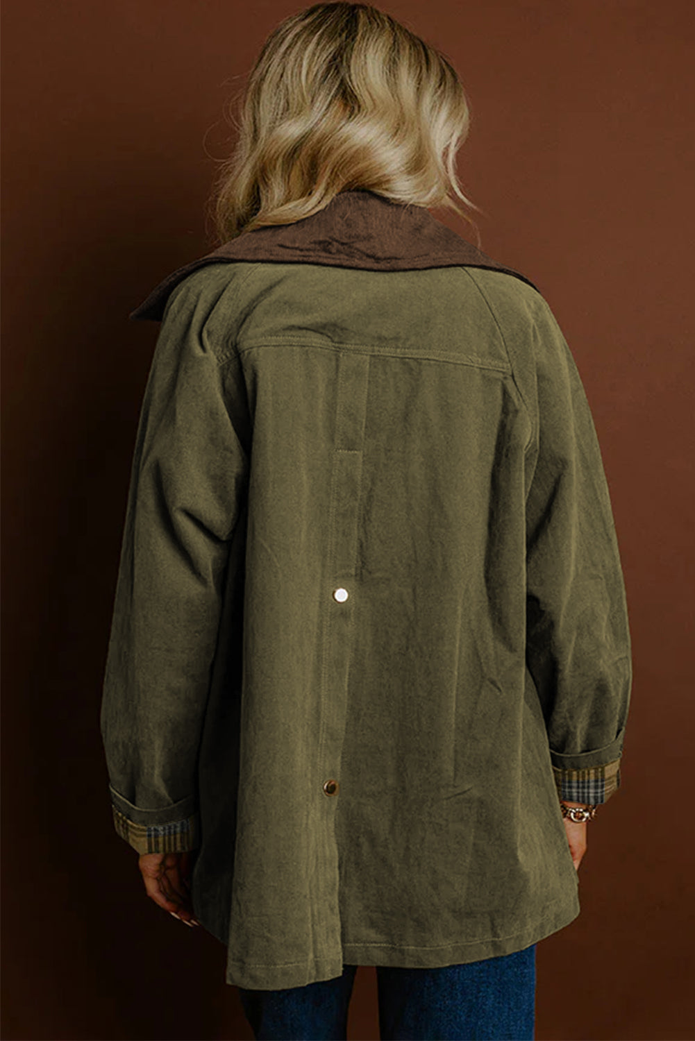 Women's Moss Green Color Block Utility Jacket with Leopard Liner and Collar Detail - Stylish & Versatile Outerwear