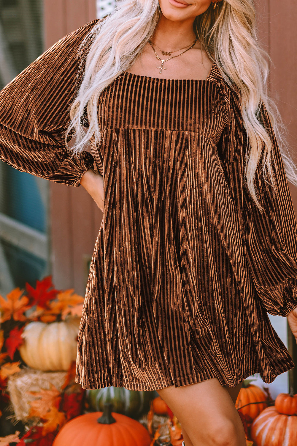 Brown Velvet Babydoll Dress for Women - Flattering Fit, Square Neck, Tie Back Detail for Effortless Chic Style