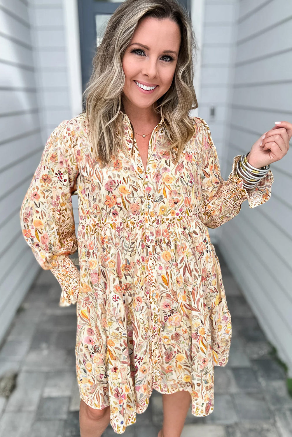 Women's Spring Floral Print Yellow Dress with Long Sleeves, Smocked Cuffs, and Frilly Trim Casual Loose Fit