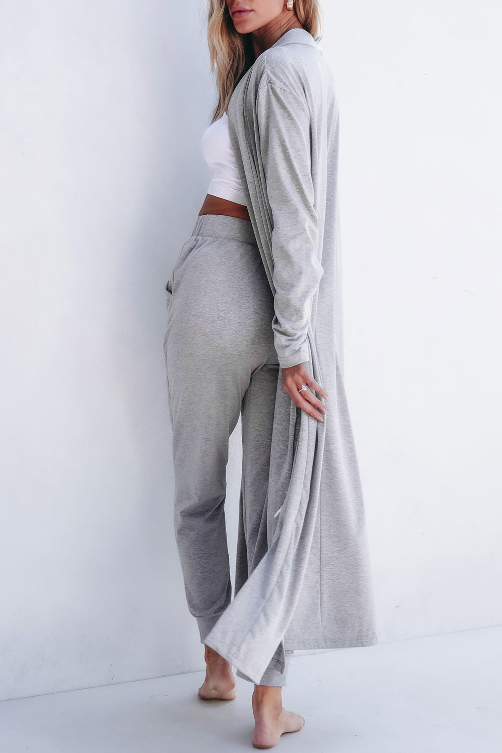 Women's Light Grey Split Long Cardigan with Skinny Pants - Cozy Lounge Set for Relaxed Style and Comfort