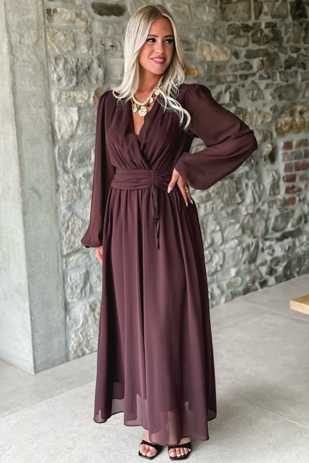 Chic Dark Brown Long Sleeve V-Neck Pleated High Waist Maxi Dress for Women Ideal for Formal and Casual Events