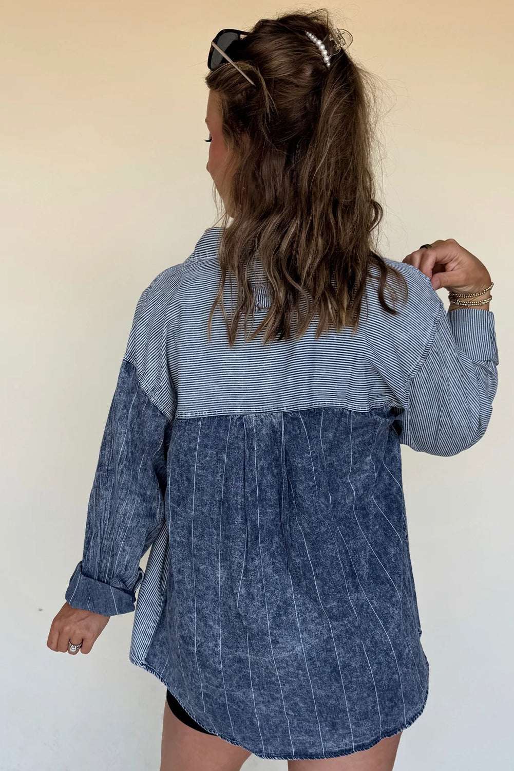 Trendy Women's Blue Patchwork Denim Jacket with Stripes & Drop Shoulder - Stylish Casual Outerwear for Every Occasion