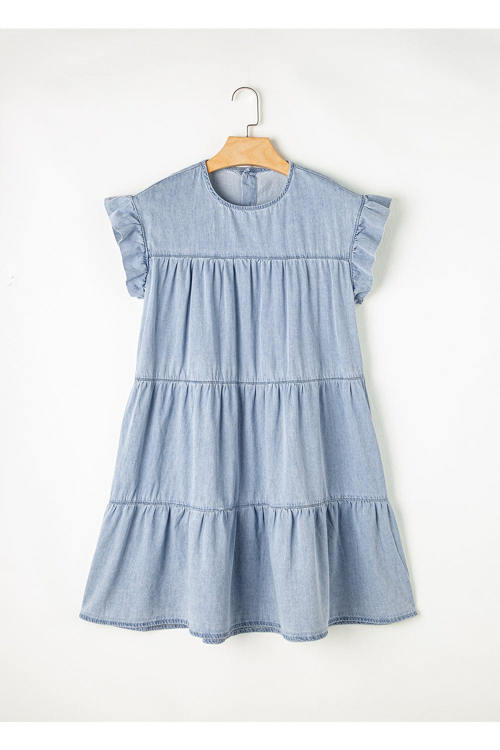 Women's Beau Blue Denim Tiered A-line Dress with Ruffle Details