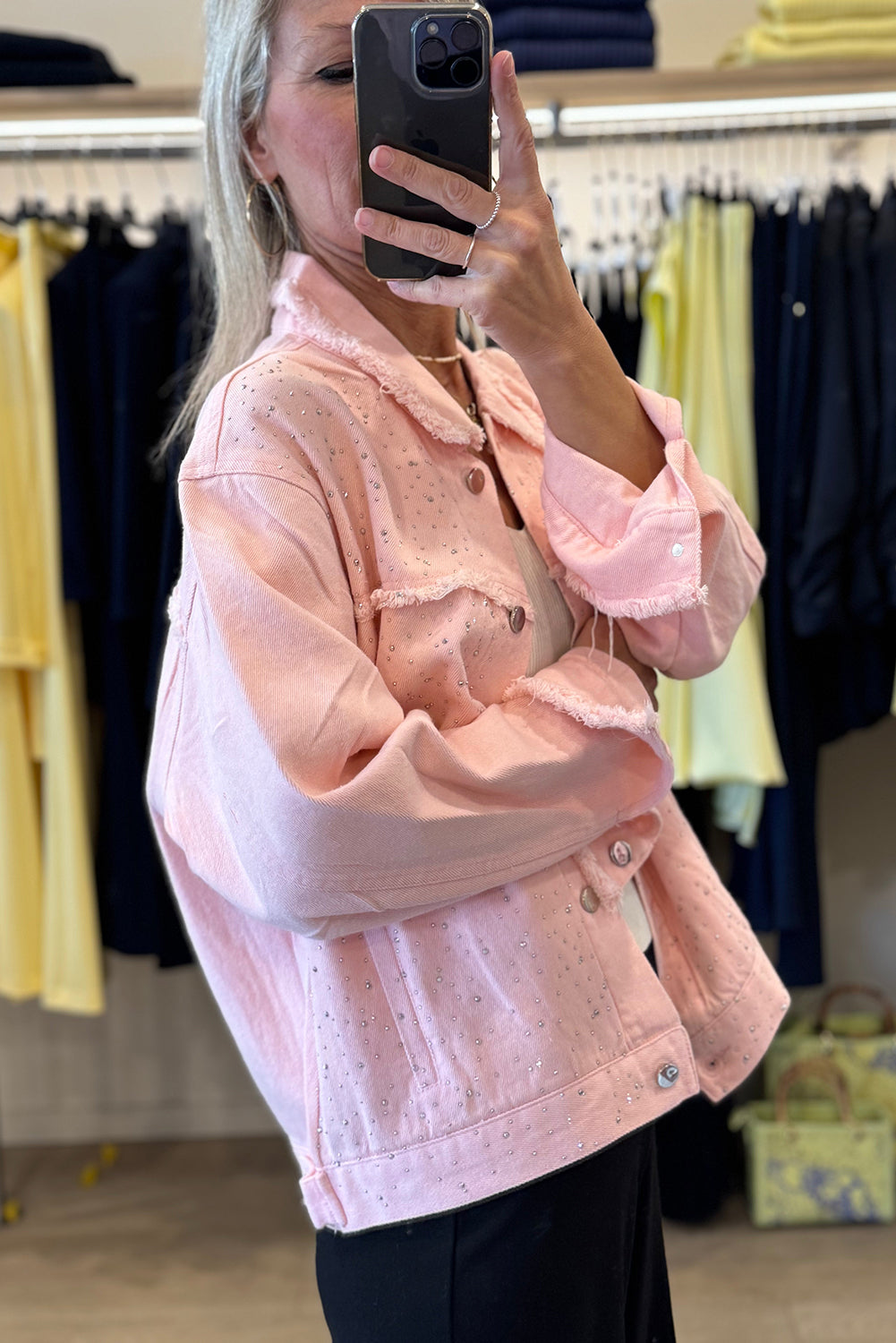 Trendy Women's Light Pink Loose Denim Jacket with Rhinestone Accents and Raw Edge for Casual Style