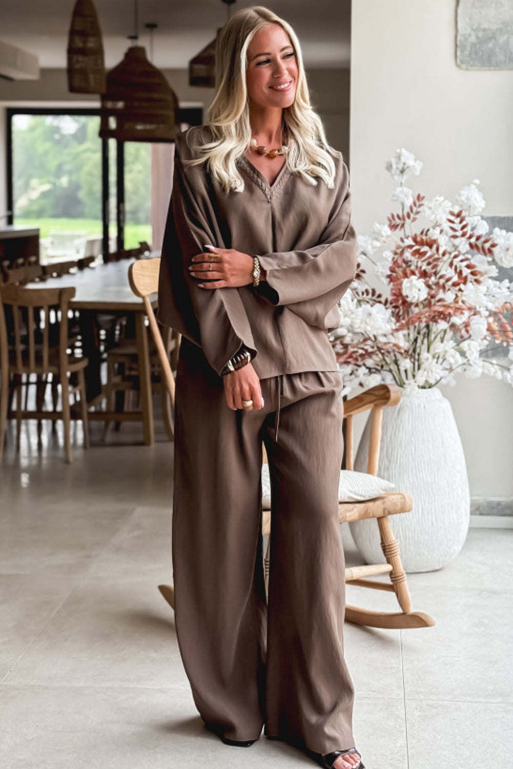 Women's Dark Brown V-Neck Braided Long Sleeve Top & Drawstring High-Waist Pants Set - Casual Loose Fit 2-Piece Outfit