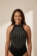 Women's Black Diamante High-Neck Bodysuit with Mesh Detail