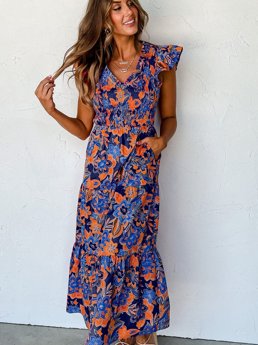 V-Neck Smocked Waist Maxi Dress