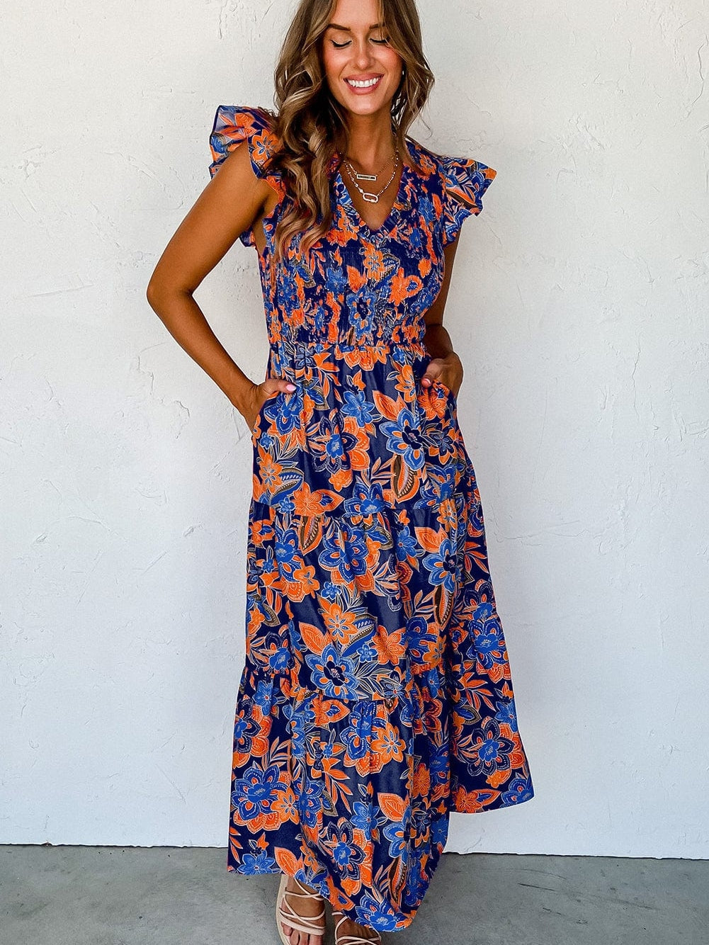 V-Neck Smocked Waist Maxi Dress