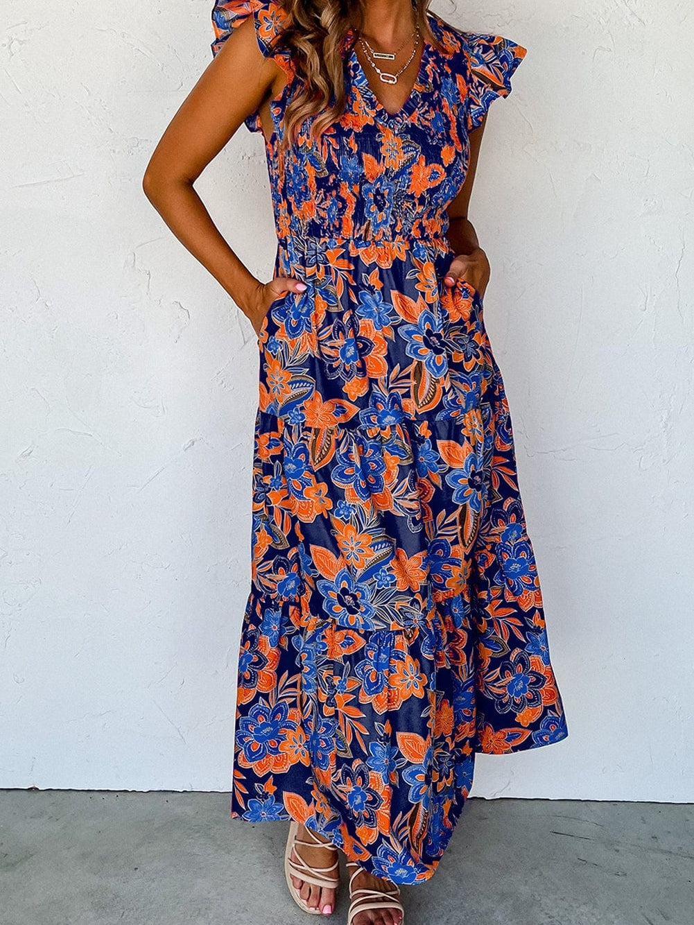 V-Neck Smocked Waist Maxi Dress