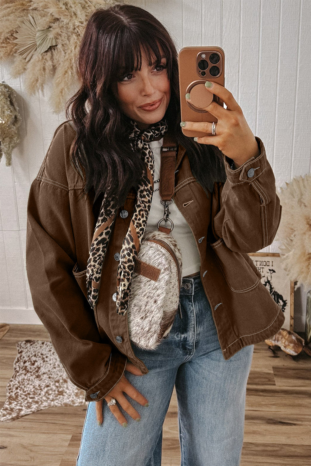 Trendy Women's Coffee Denim Jacket with Patched Pockets, Collared Button Front, Relaxed Fit for Effortless Style