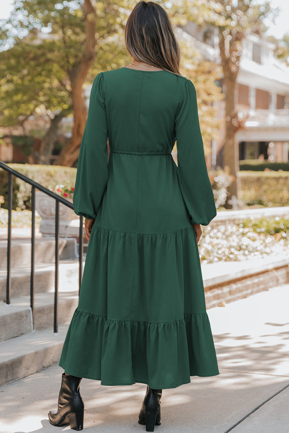 Elegant Blackish Green Tiered Maxi Dress for Women - Long Sleeve, Button V-Neck, Perfect for Special Occasions