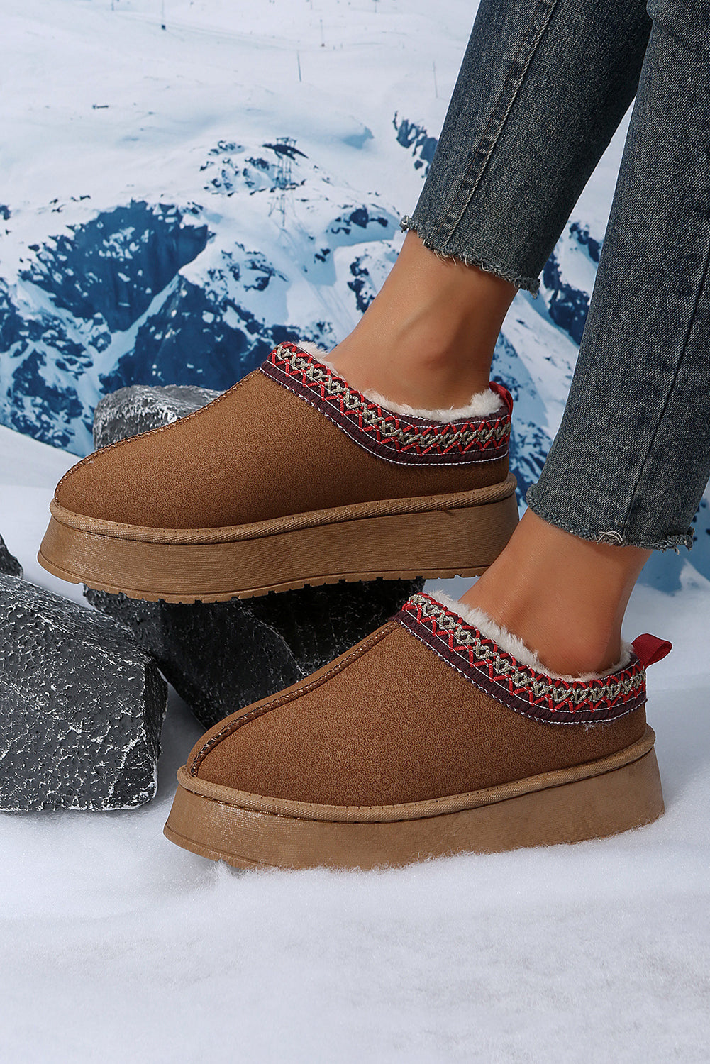 Women's Chestnut Suede Snow Boots with Plush Lining & Trendy Contrast Print for Cozy Winter Style