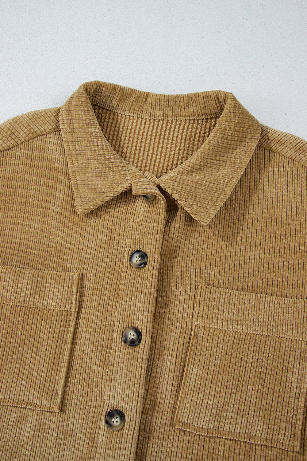 Stylish Women's Light Beige Corduroy Shacket with Patched Pockets - Chic Button-Up Jacket for Effortless Casual Outfits