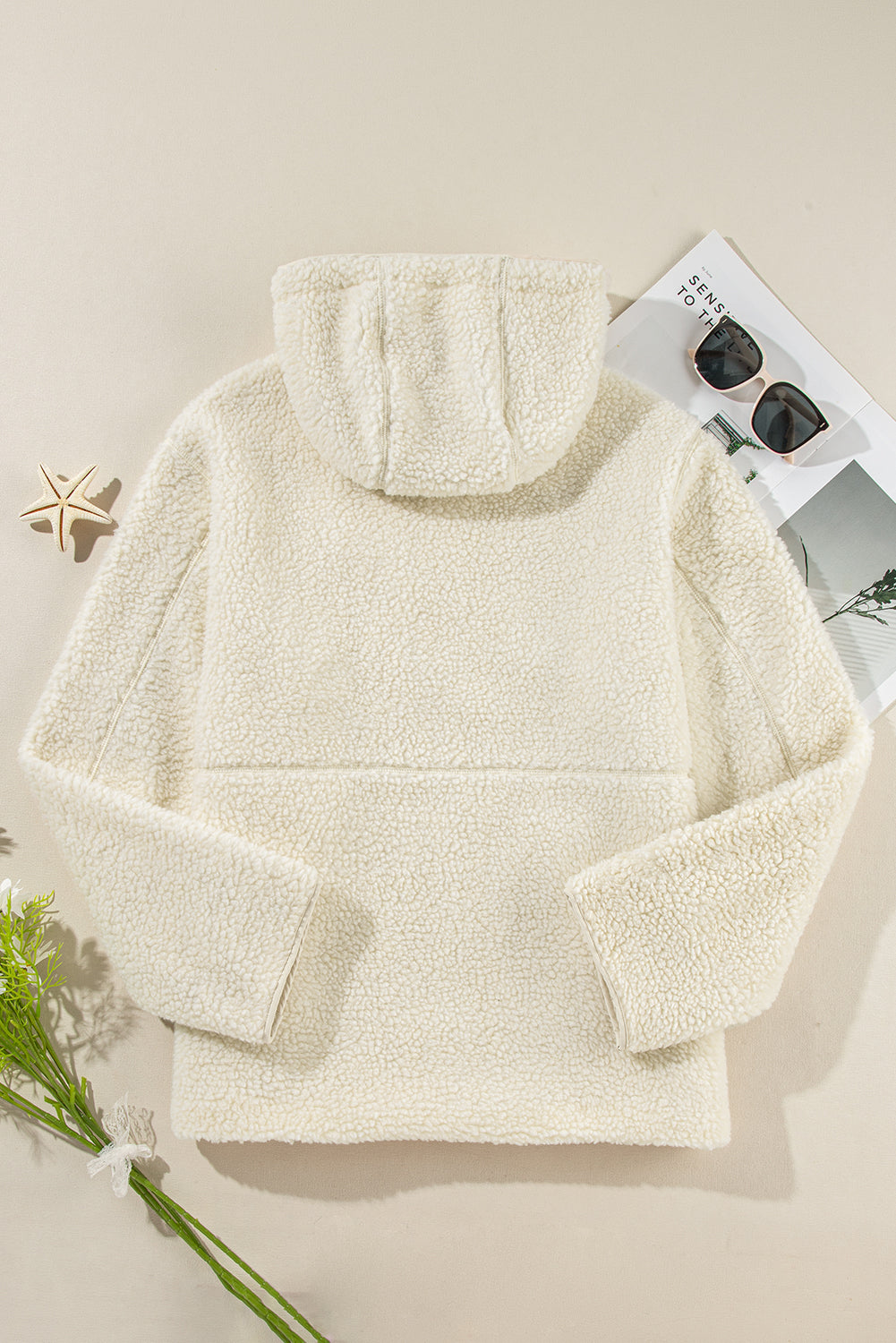 Cozy Women's Beige Fleece Zip-Up Hoodie Jacket with Drawstring and Pockets for Effortless Casual Style