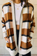Stylish Women's Brown Vintage Plaid Hooded Zip-Up Jacket with Contrast Trim - Cozy Fall Outerwear for Effortless Chic