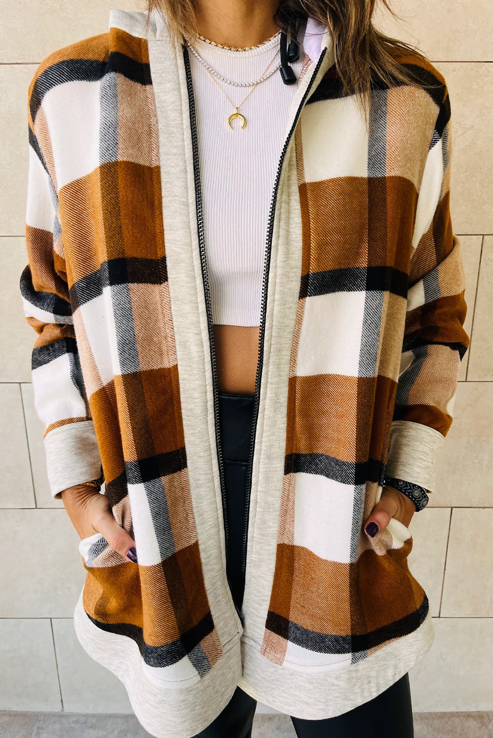 Stylish Women's Brown Vintage Plaid Hooded Zip-Up Jacket with Contrast Trim - Cozy Fall Outerwear for Effortless Chic