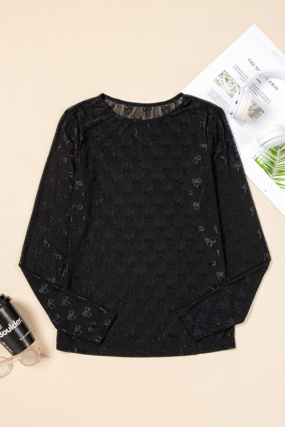 Trendy Women's Black Long Sleeve Top with Elegant Mesh Bow Design - Perfect for Casual or Dressy Outfits