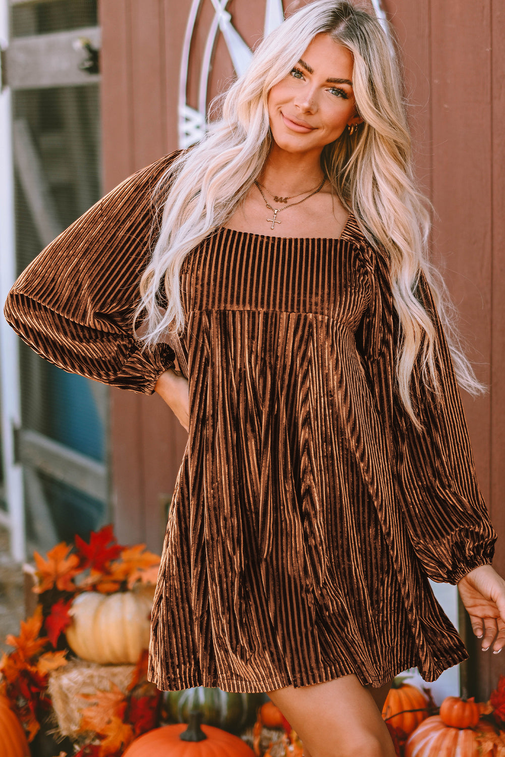 Brown Velvet Babydoll Dress for Women - Flattering Fit, Square Neck, Tie Back Detail for Effortless Chic Style