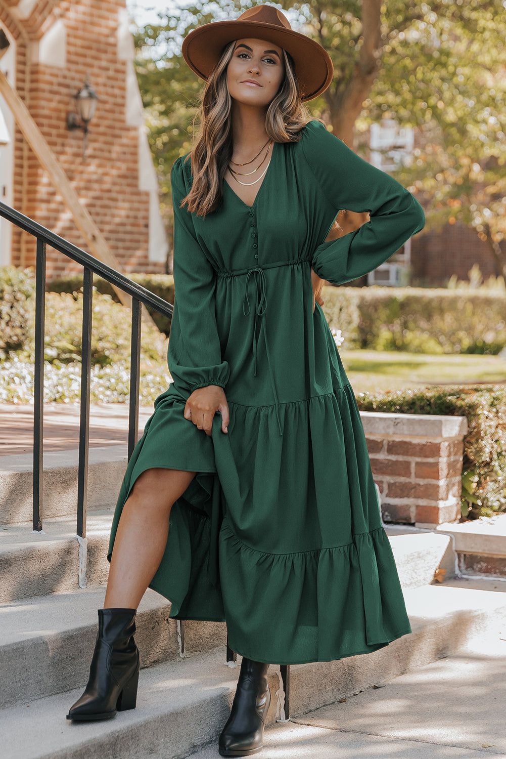 Elegant Blackish Green Tiered Maxi Dress for Women - Long Sleeve, Button V-Neck, Perfect for Special Occasions
