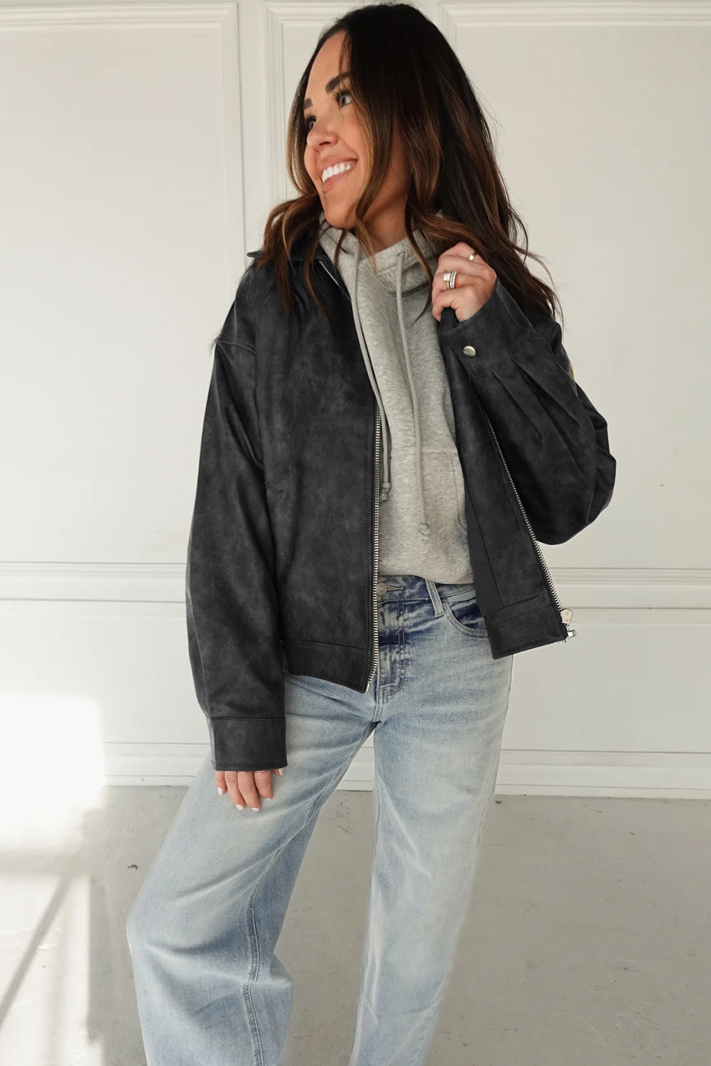 Women's Carbon Grey Vintage Faux Leather Jacket with Button Pleats and Zipper, Stylish Cuffed Sleeves for Chic Looks