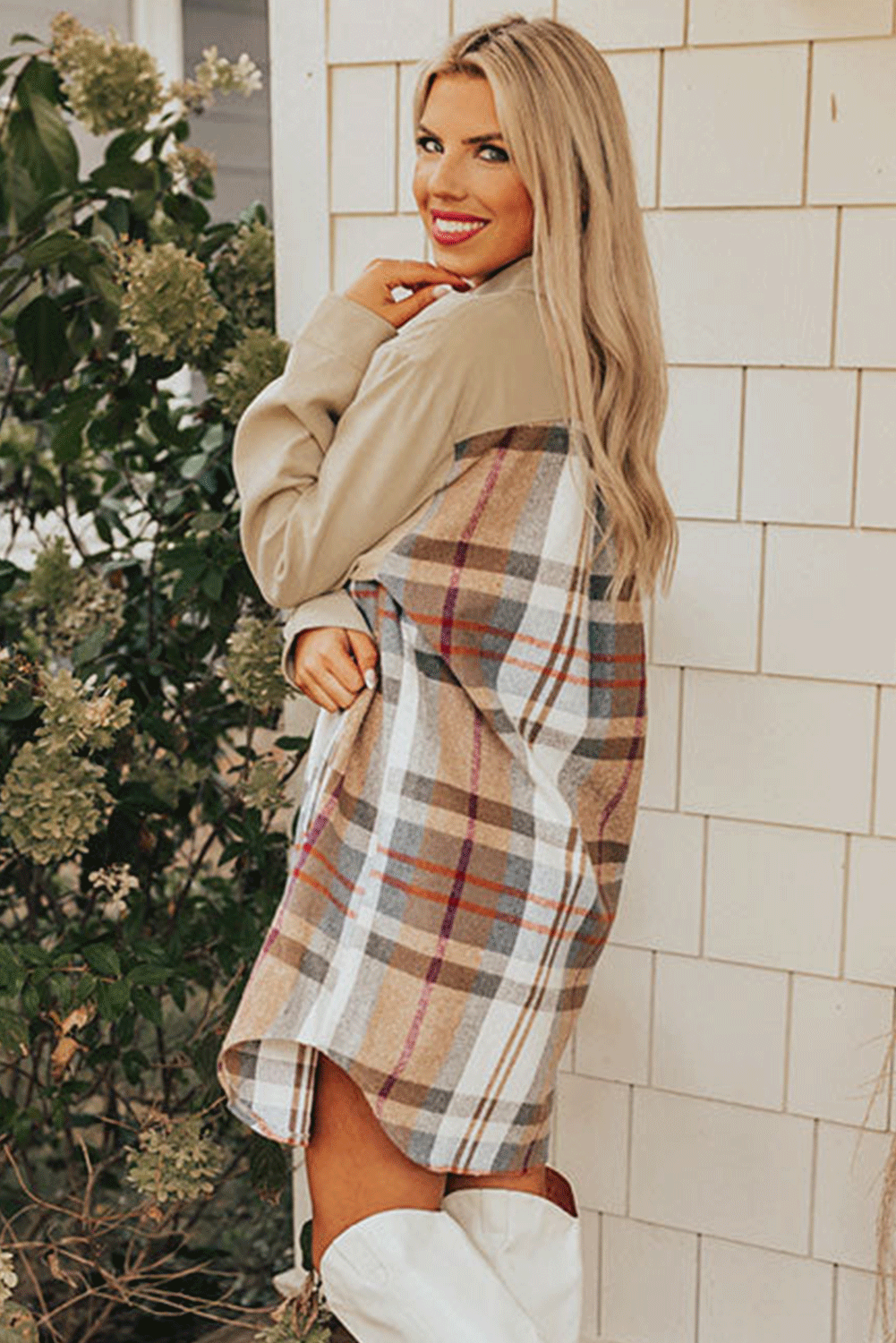 Chic Women's Khaki Plaid Mini Dress with Long Sleeves and Trendy Patchwork Detail for Effortless Casual Style