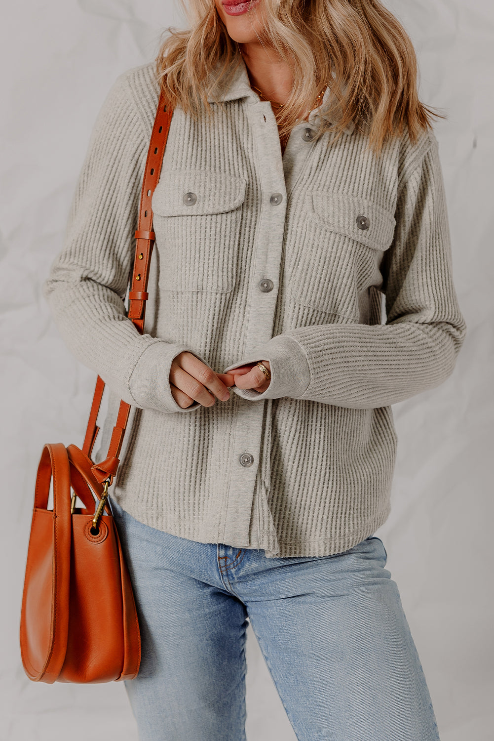 Stylish Women's Light Grey Waffle Textured Shacket with Pocket - Versatile Layering Jacket for Effortless Outfits