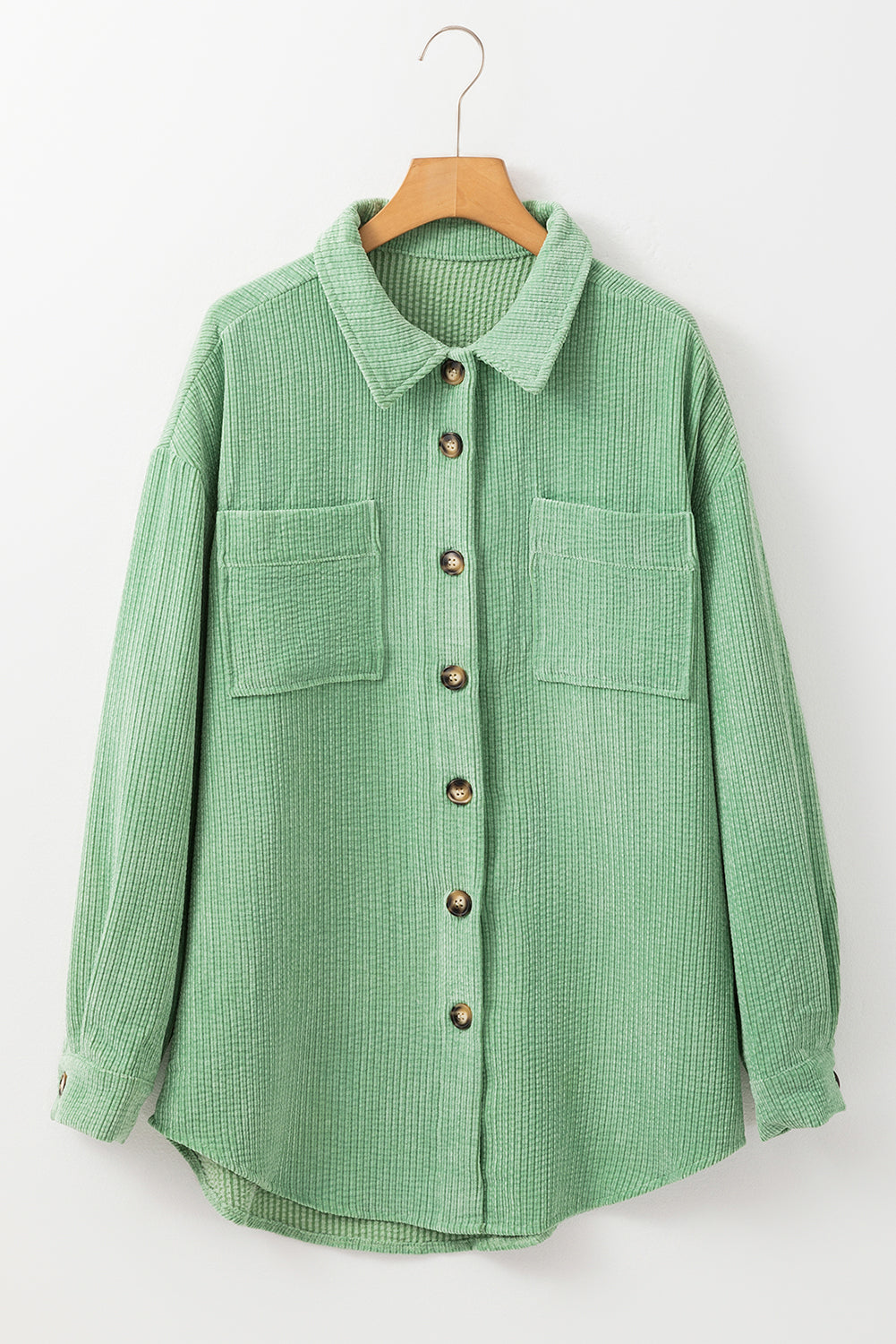 Women's Mist Green Corduroy Shacket with Pockets - Trendy Button-Up Jacket for Effortless Casual Style