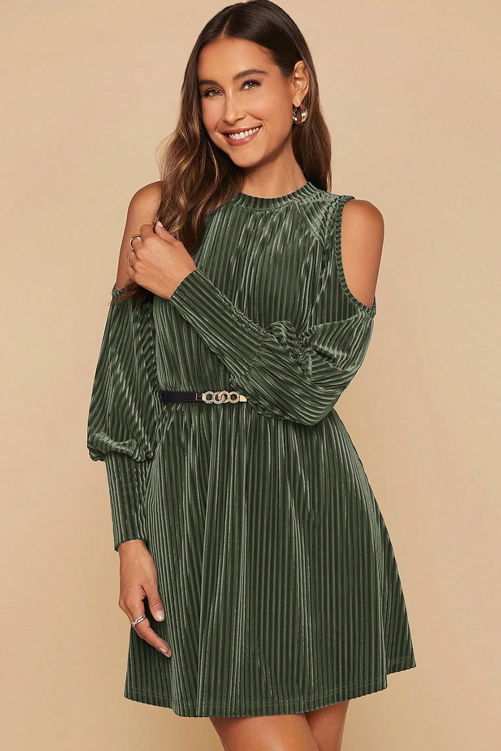 Elegant Women's Mist Green Velvet Cold Shoulder Mini Dress with Flared Hem and Textured Bishop Sleeves