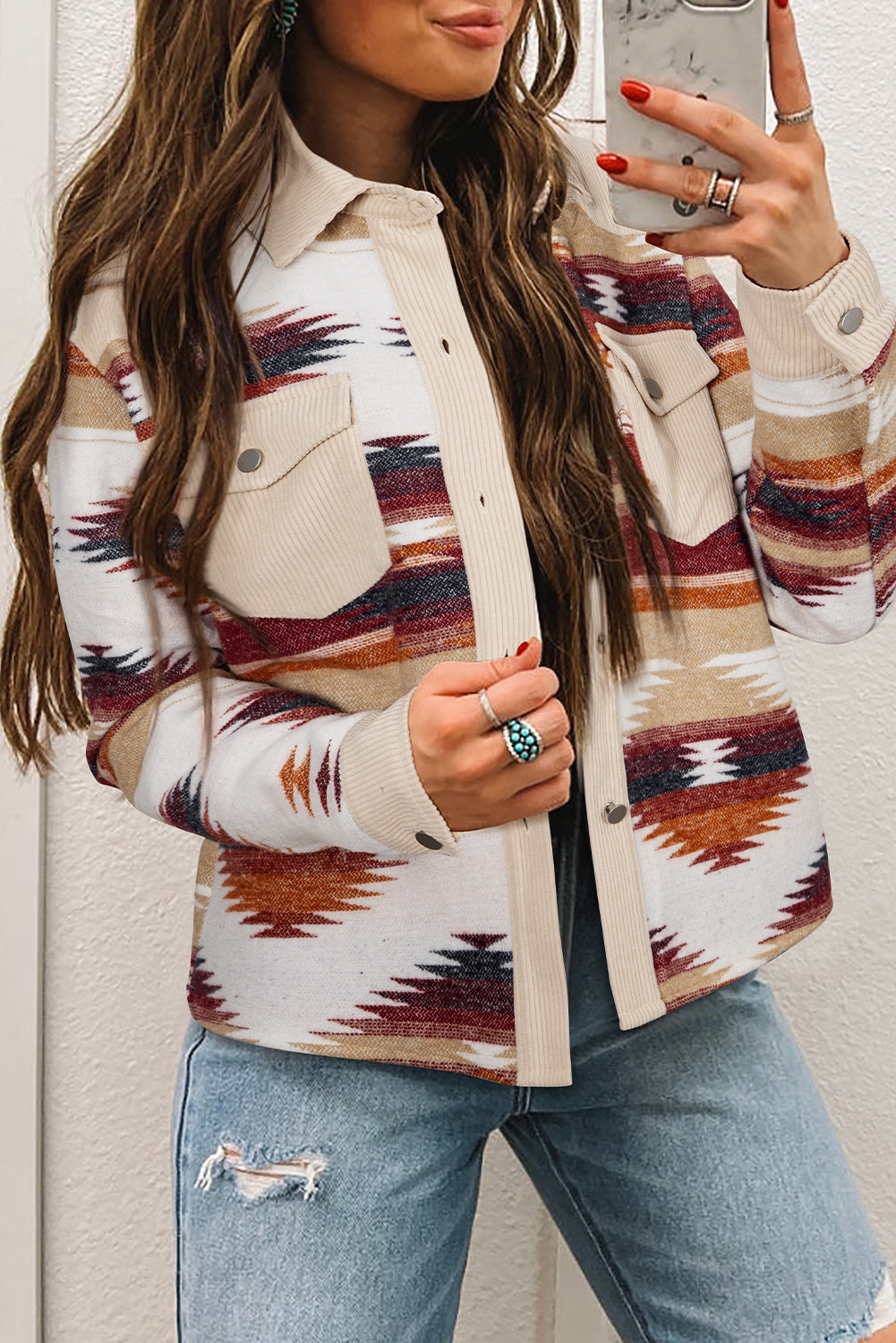 Chic Earth Tones Women's Oversized Western Print Shacket Jacket for Trendy Layering and Effortless Style