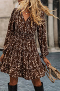 Women's Brown Floral Mini Dress with Long Sleeves, Shirred Waist, and Split Neck for a Flattering Summer Look