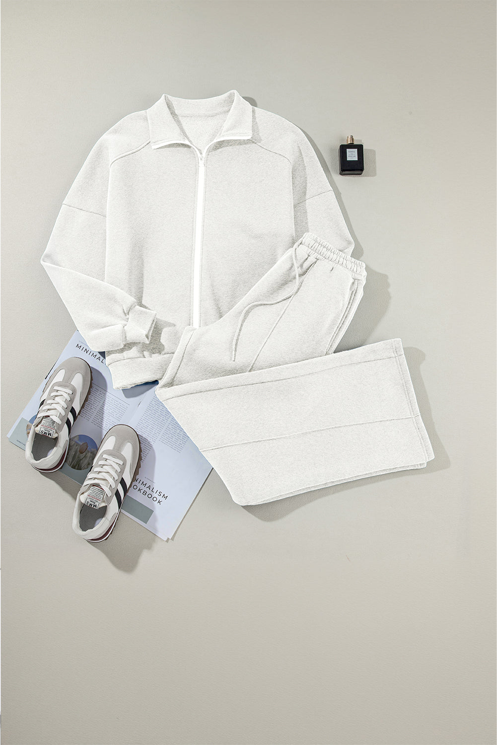 Women's Light Grey Activewear Set: Drop Shoulder Zip-Up Jacket & Drawstring Pants for Stylish Comfort in Fitness