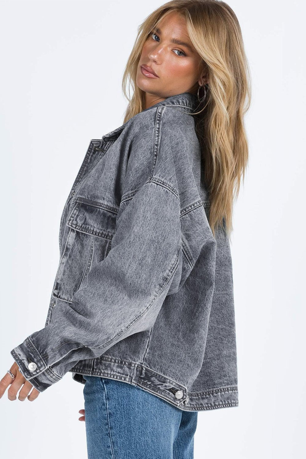 Casual Women's Gray Denim Jacket with Chest Pockets, Drop Shoulder Design, Relaxed Fit for Effortless Everyday Style