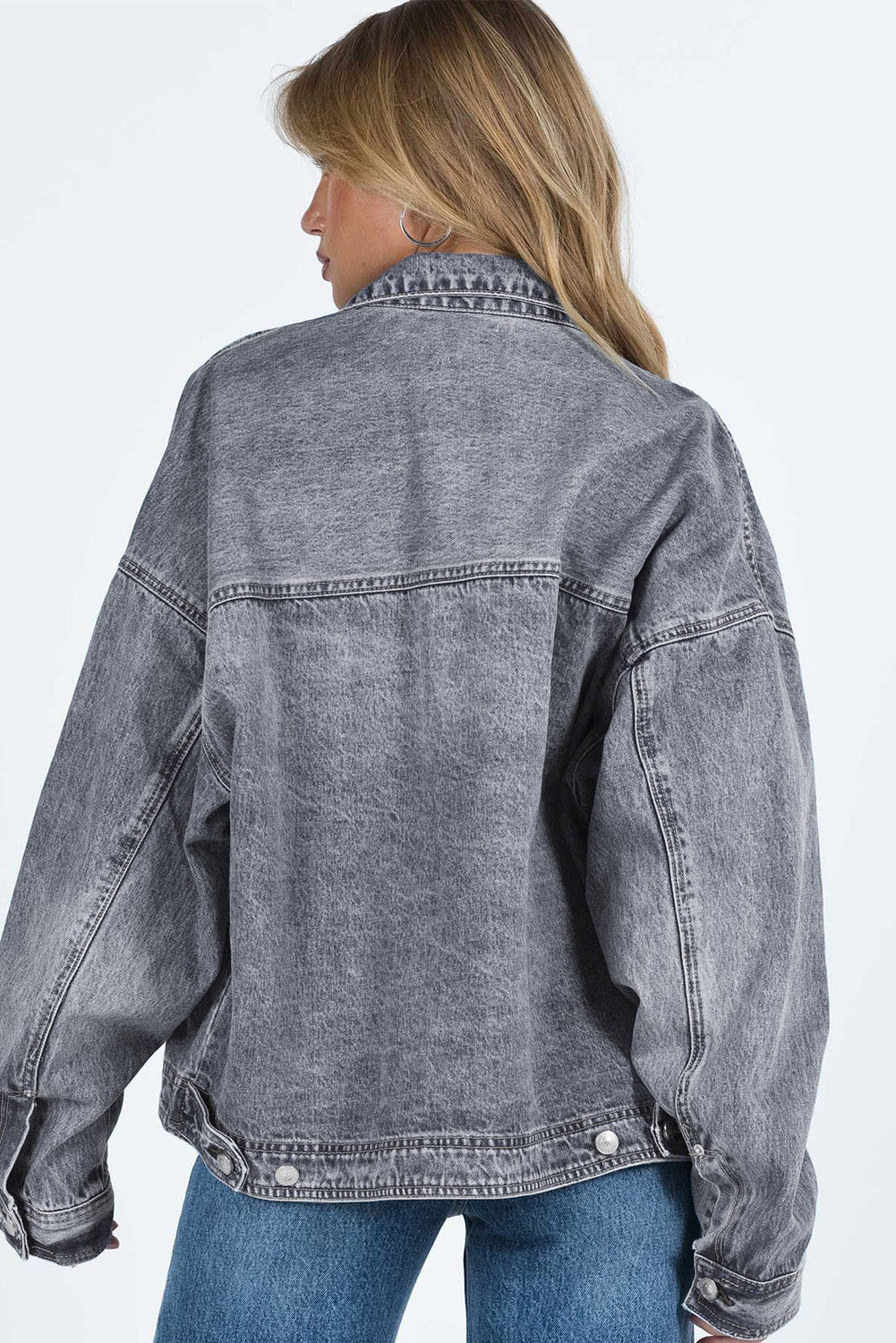 Casual Women's Gray Denim Jacket with Chest Pockets, Drop Shoulder Design, Relaxed Fit for Effortless Everyday Style