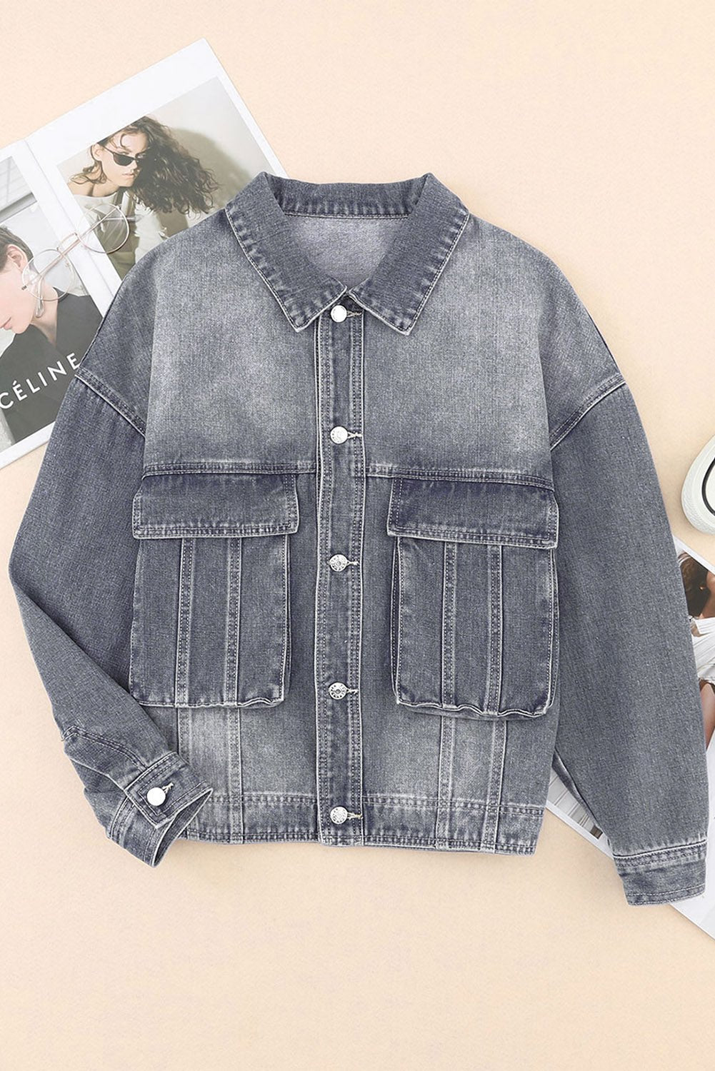 Casual Women's Gray Denim Jacket with Chest Pockets, Drop Shoulder Design, Relaxed Fit for Effortless Everyday Style