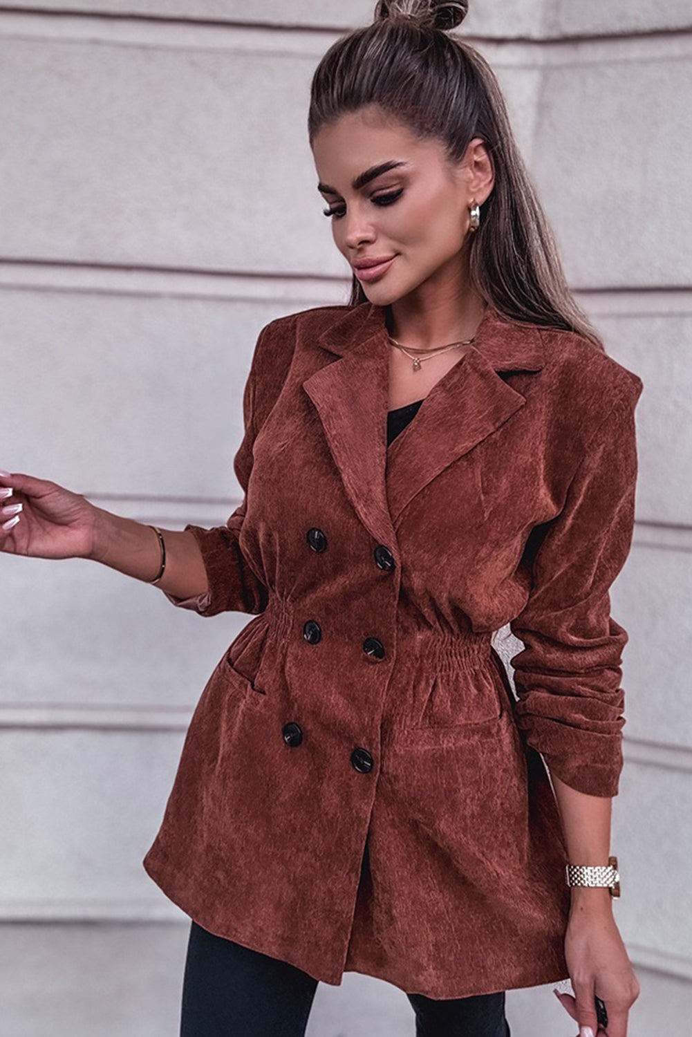 Chic Women's Coffee Corduroy Blazer with Smocked Waist - Stylish Double-Breasted Jacket for Office and Casual Outfits