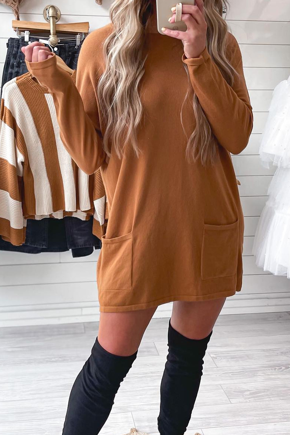Chestnut Long Sleeve Mini Dress for Women with Drop Shoulder and Pockets Casual Chic Everyday Style