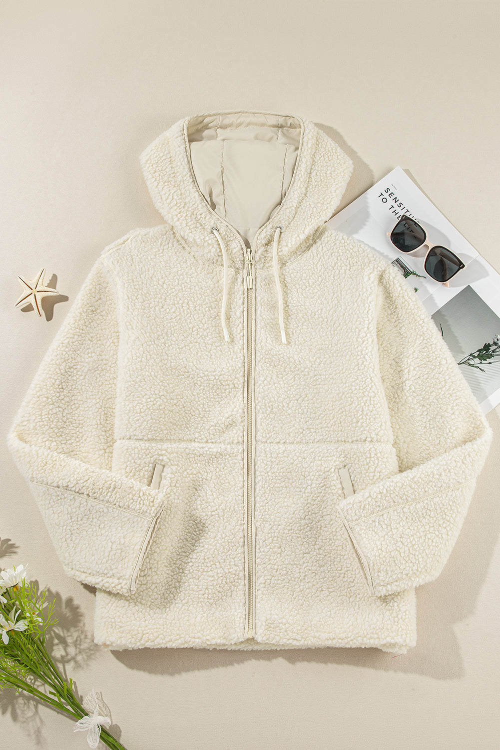 Cozy Women's Beige Fleece Zip-Up Hoodie Jacket with Drawstring and Pockets for Effortless Casual Style