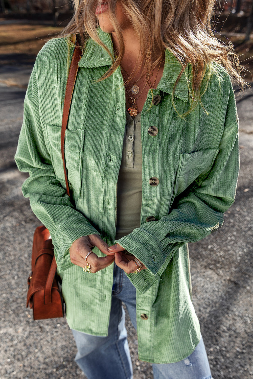 Women's Mist Green Corduroy Shacket with Pockets - Trendy Button-Up Jacket for Effortless Casual Style