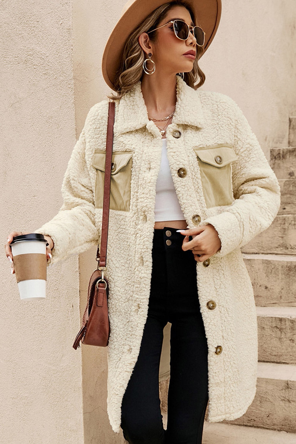 Cozy Women's Beige Teddy Coat with Contrast Flap Pockets, Stylish Single Breasted Outerwear for Cold Weather