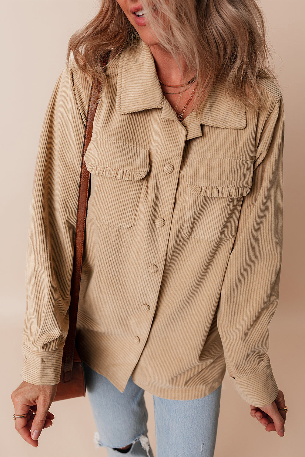 Women's Light Beige Corduroy Shacket with Frilled Pockets - Chic Button-Up Jacket for Casual Fall Fashion