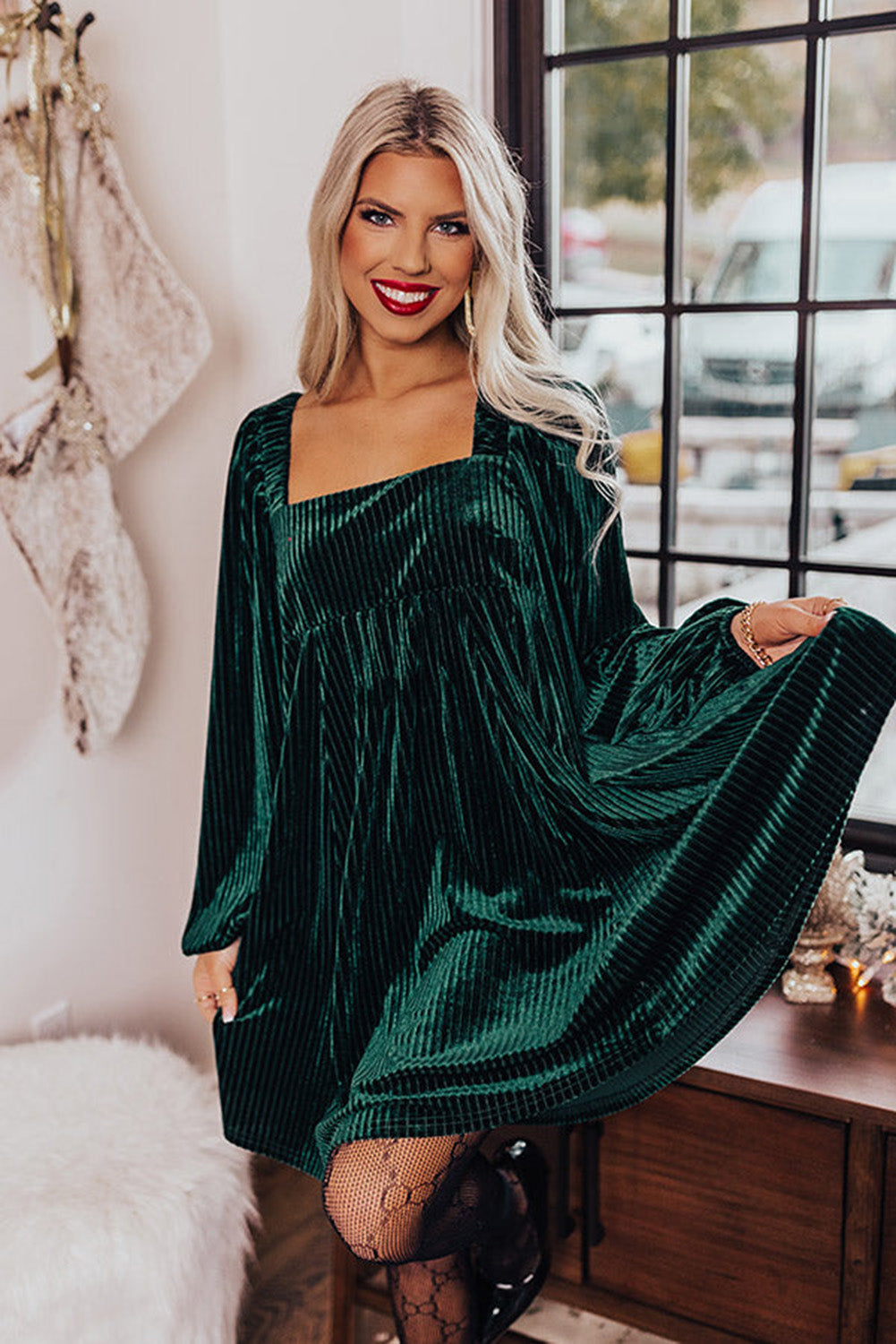 Emerald Green Velvet Babydoll Dress for Women - Flattering Tie Back, Square Neck Design Perfect for Every Occasion