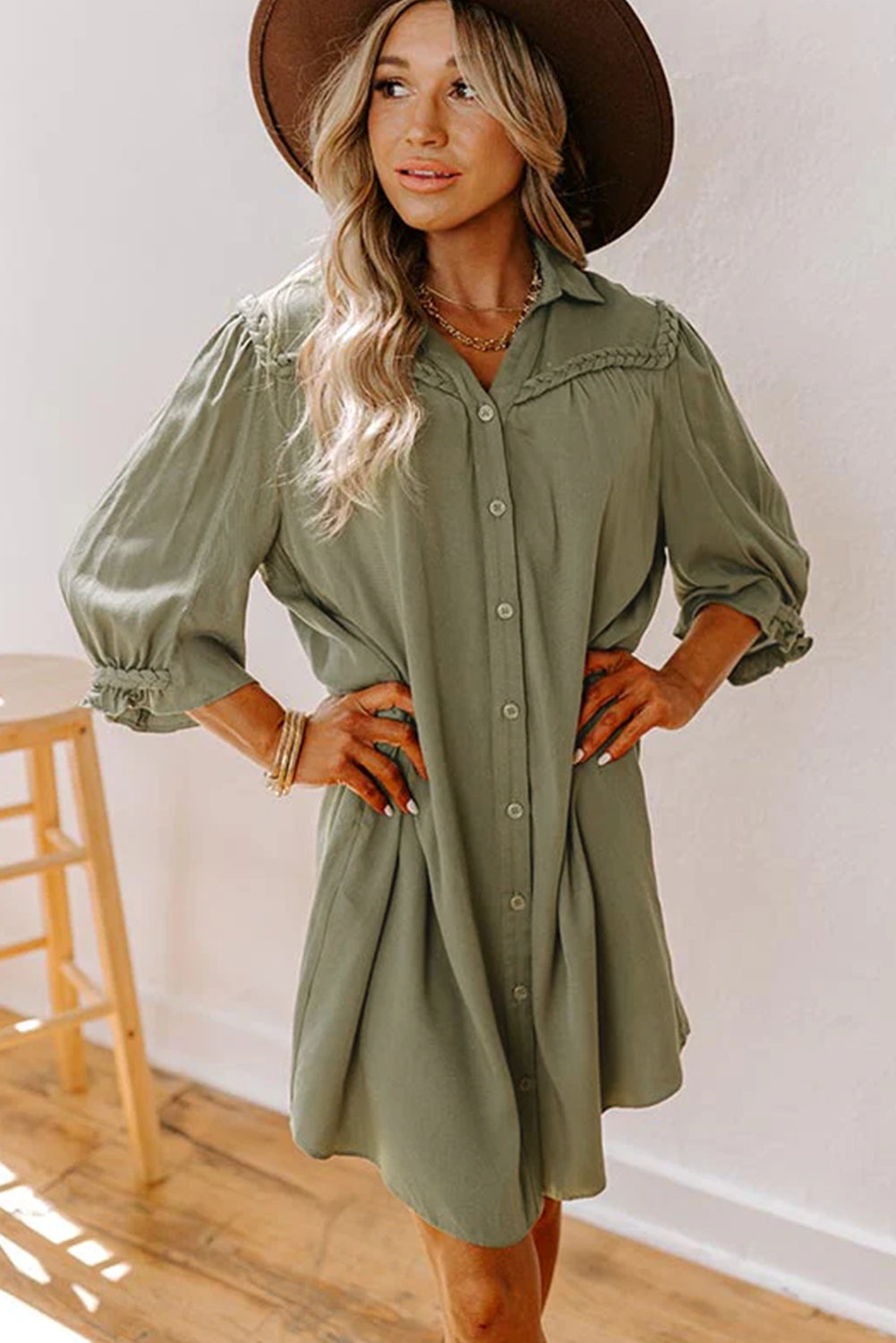 Women's Stylish Solid Color 3/4 Sleeve Mini Shirt Dress with Braided Detail and Four Leaf Clover Design