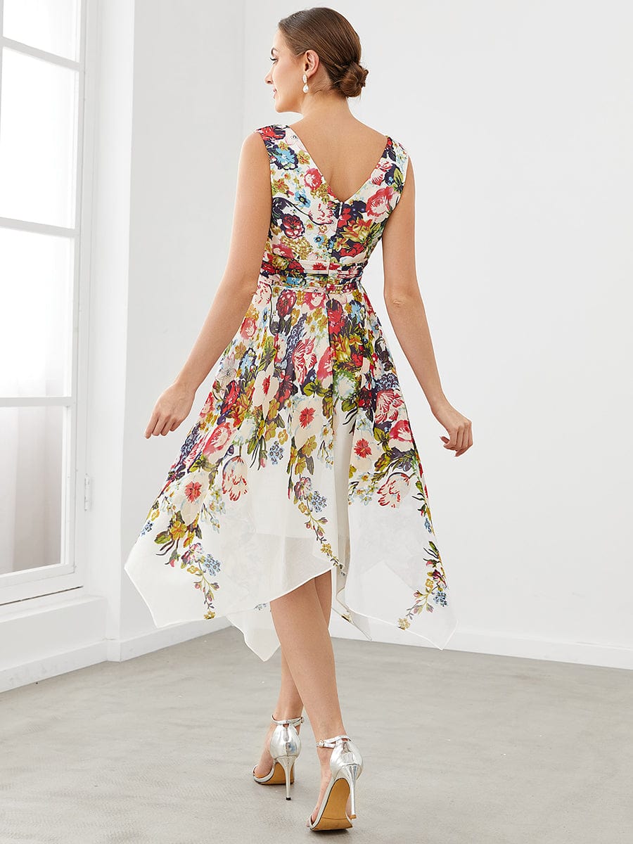 Chic Floral Sleeveless V Neck Cocktail Dress with Unique Hem