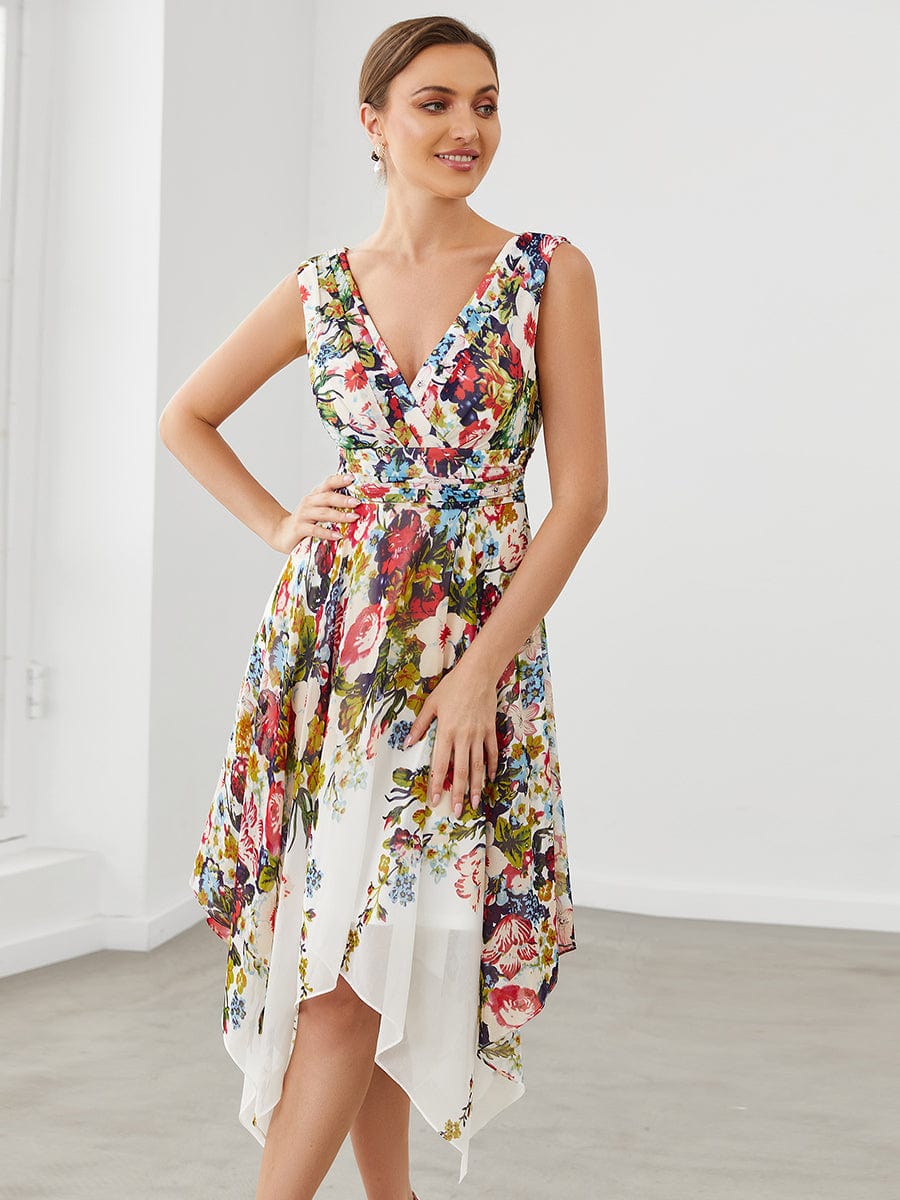 Chic Floral Sleeveless V Neck Cocktail Dress with Unique Hem