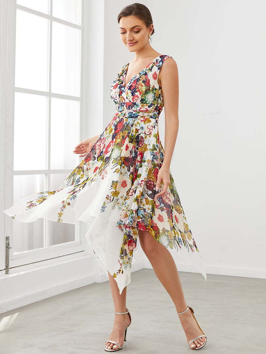 Chic Floral Sleeveless V Neck Cocktail Dress with Unique Hem