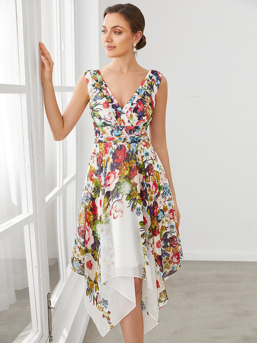Chic Floral Sleeveless V Neck Cocktail Dress with Unique Hem