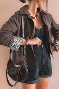 Chic Women's Dark Brown Leopard Print Jacket with Shirt Collar & Button Closure Effortless Style for Every Occasion